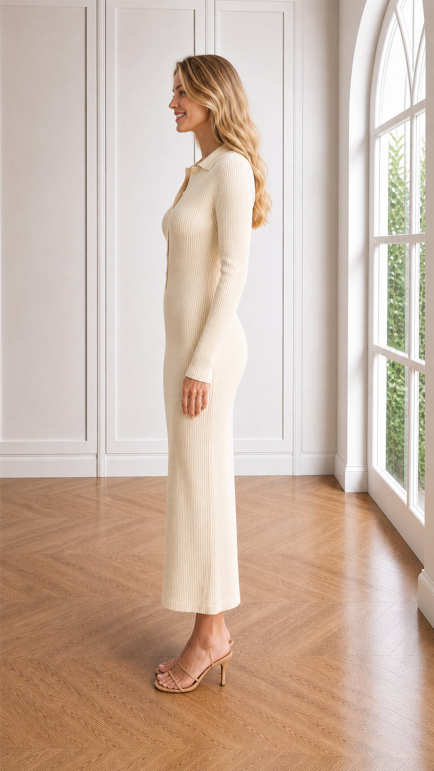 Side profile view of cream long sleeve knit sweater maxi dress