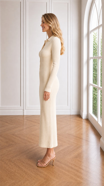 Side profile view of cream long sleeve knit sweater maxi dress