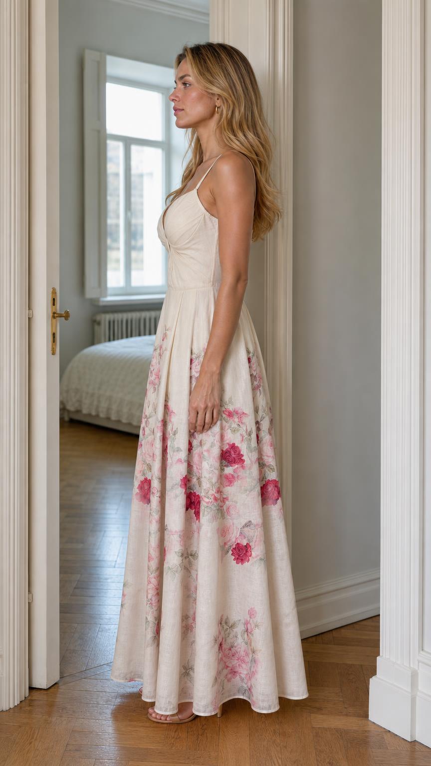 Side view of off-white floral maxi dress