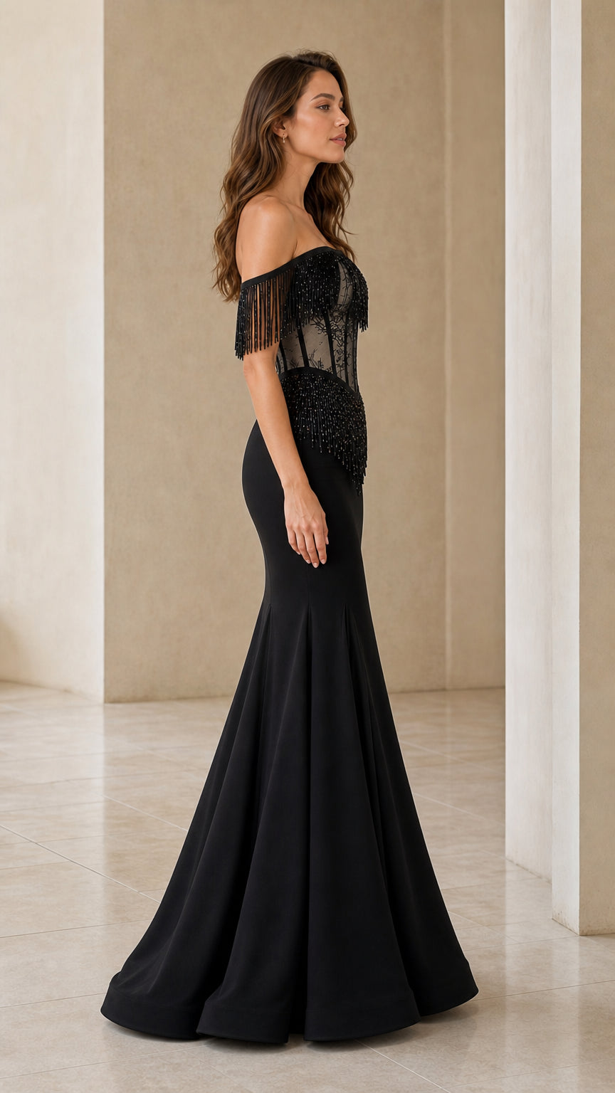 Side view of black off-shoulder evening gown