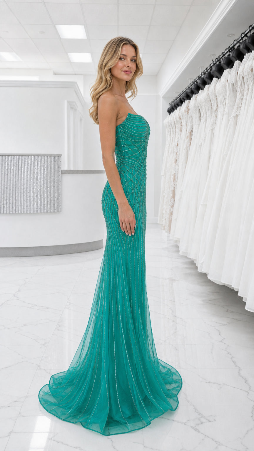 Side profile of teal beaded evening dress with sweep train