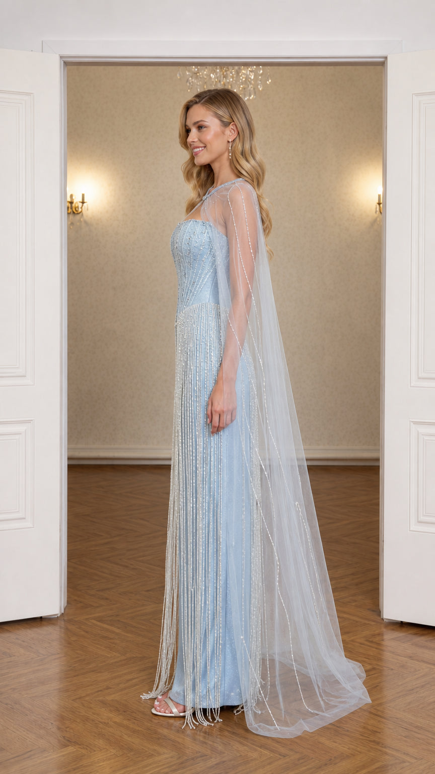 Side view of light blue sweetheart formal dress with embellished cape