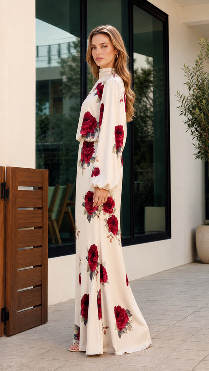 Side profile view of cream floral long sleeve maxi dress showing sleek silhouette and floor length