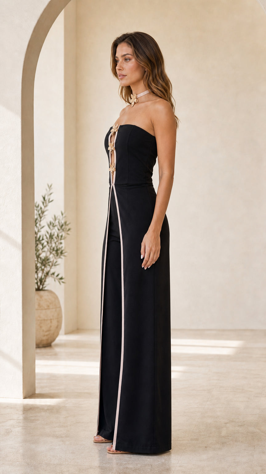 Elegance Statement Strapless Wide-Leg Jumpsuit in Black side profile view