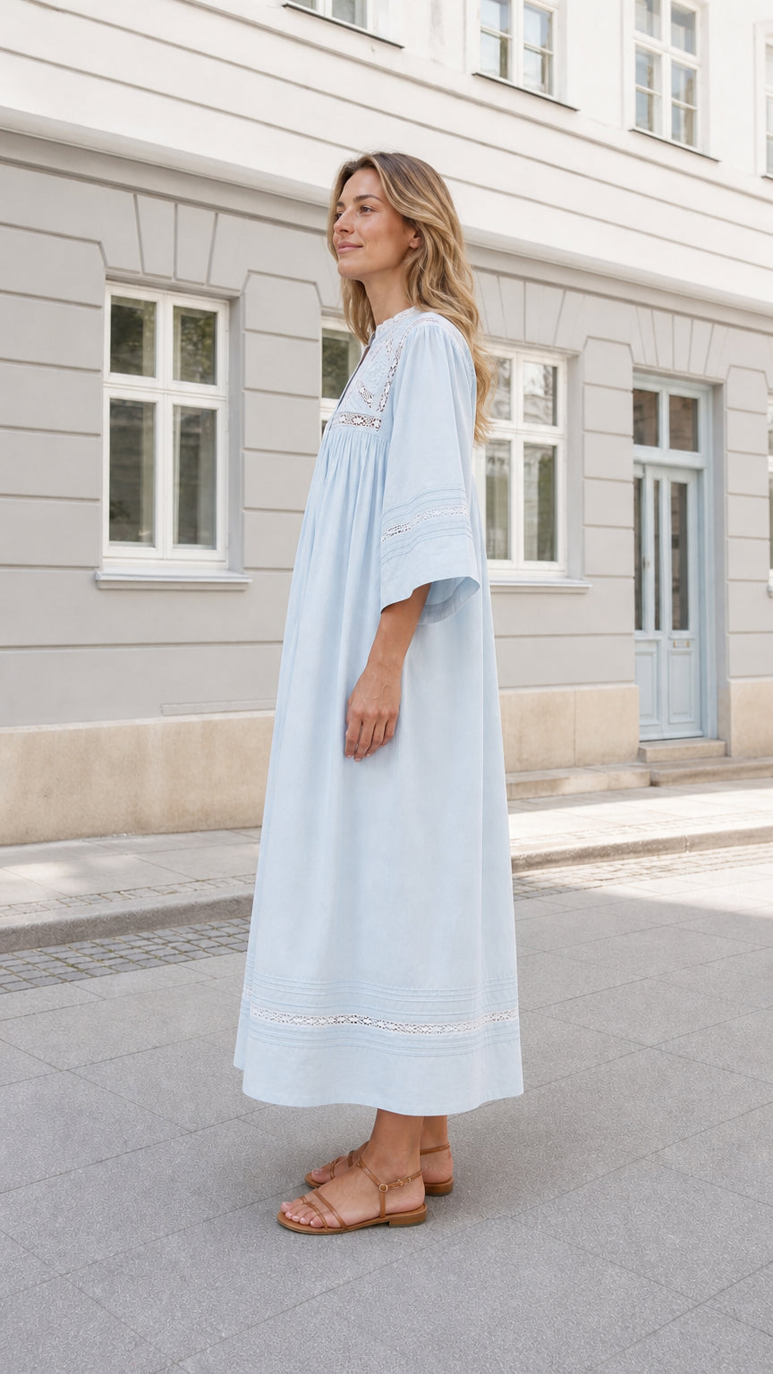 Side profile of woman in Light Blue boho maxi dress with 3/4 sleeves