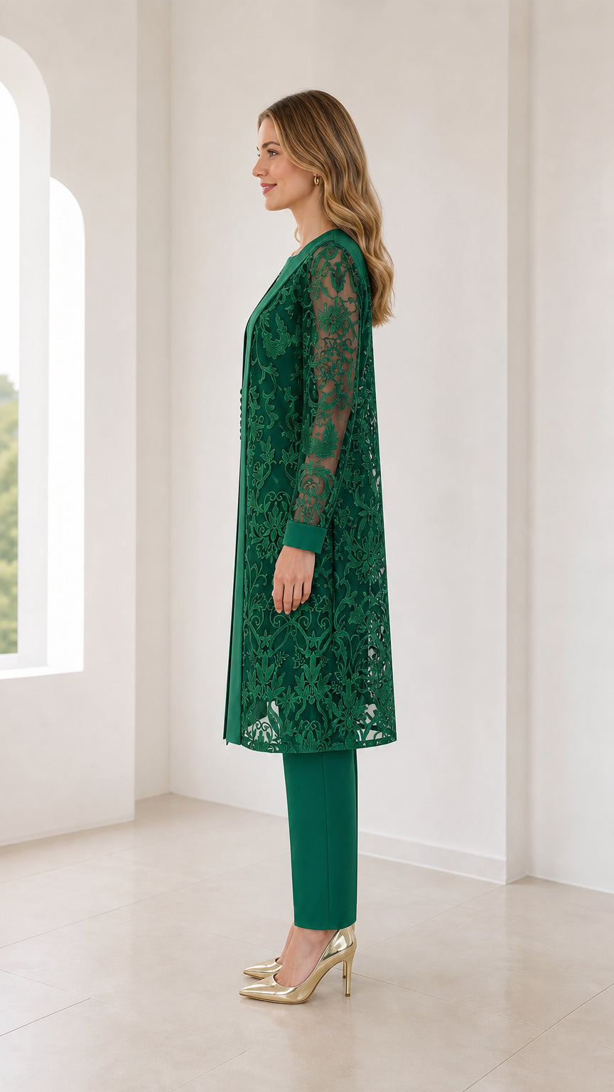 Model wearing green 3-piece set, side profile view