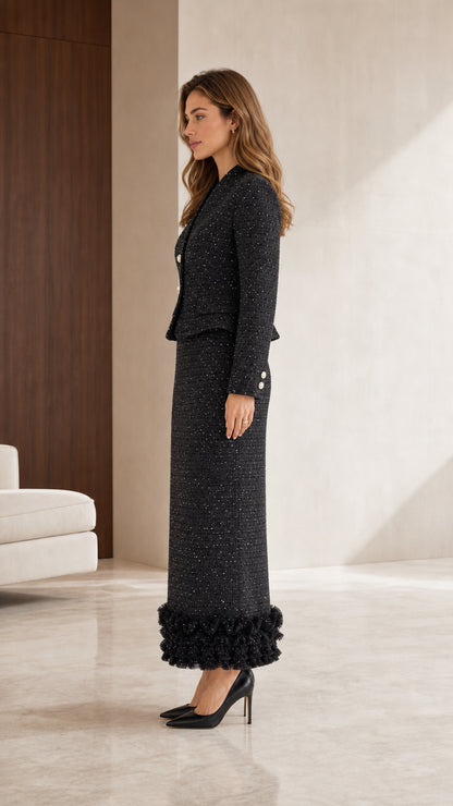Side profile of black tweed matching set