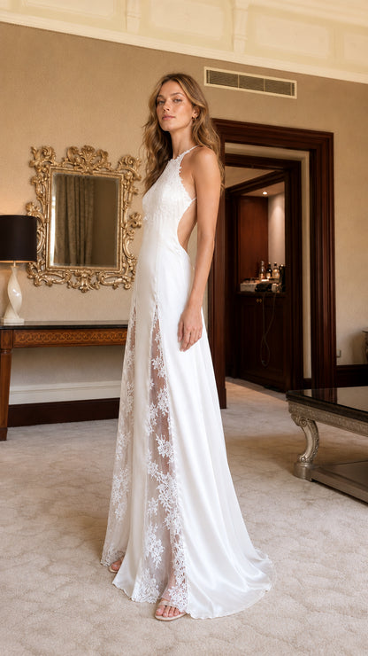 Full-length side profile of the white evening gown