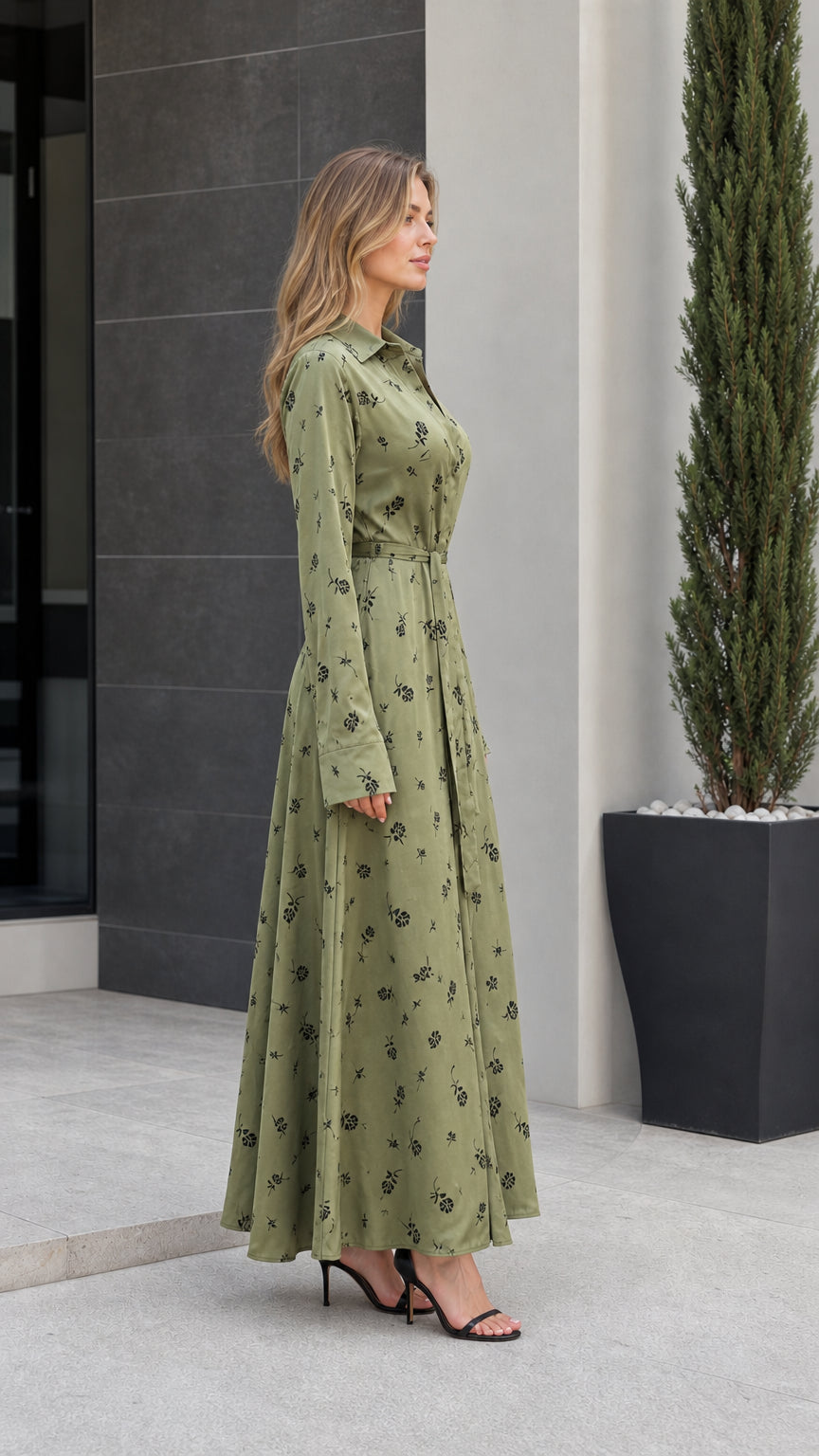 Side profile view of sage green floral maxi dress