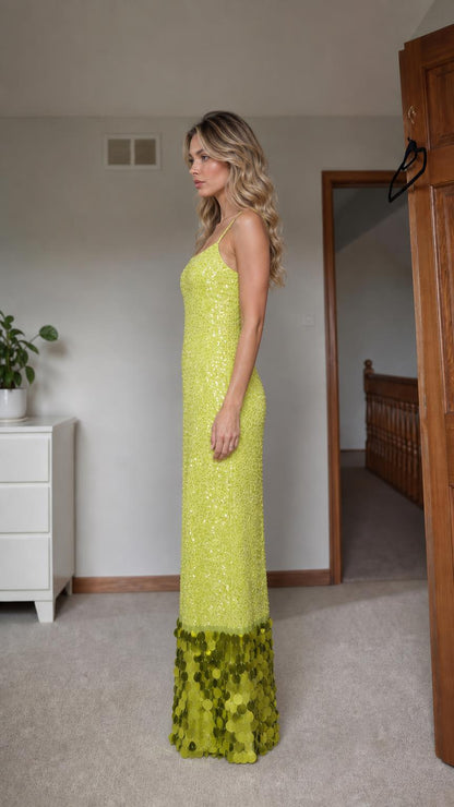 Side profile view of lime green sequin maxi dress