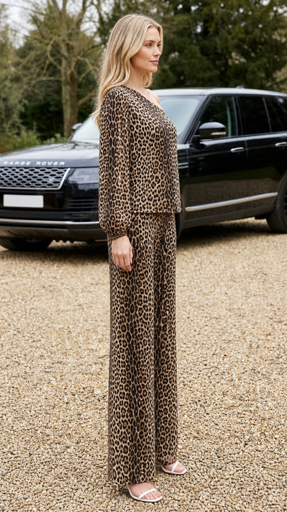 Side profile of model in brown leopard print matching set