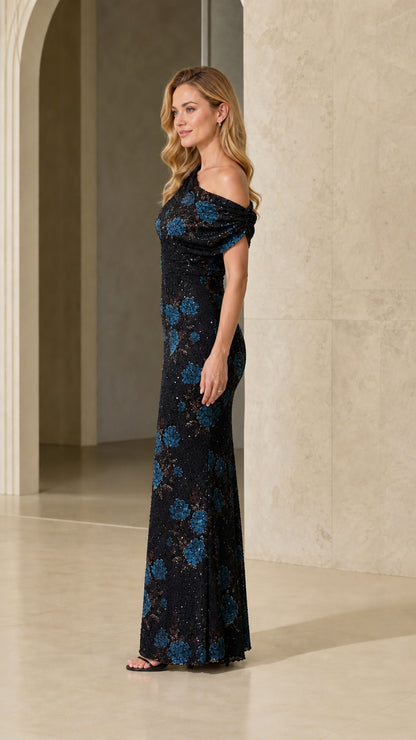 Side profile view of black one-shoulder sequin evening dress
