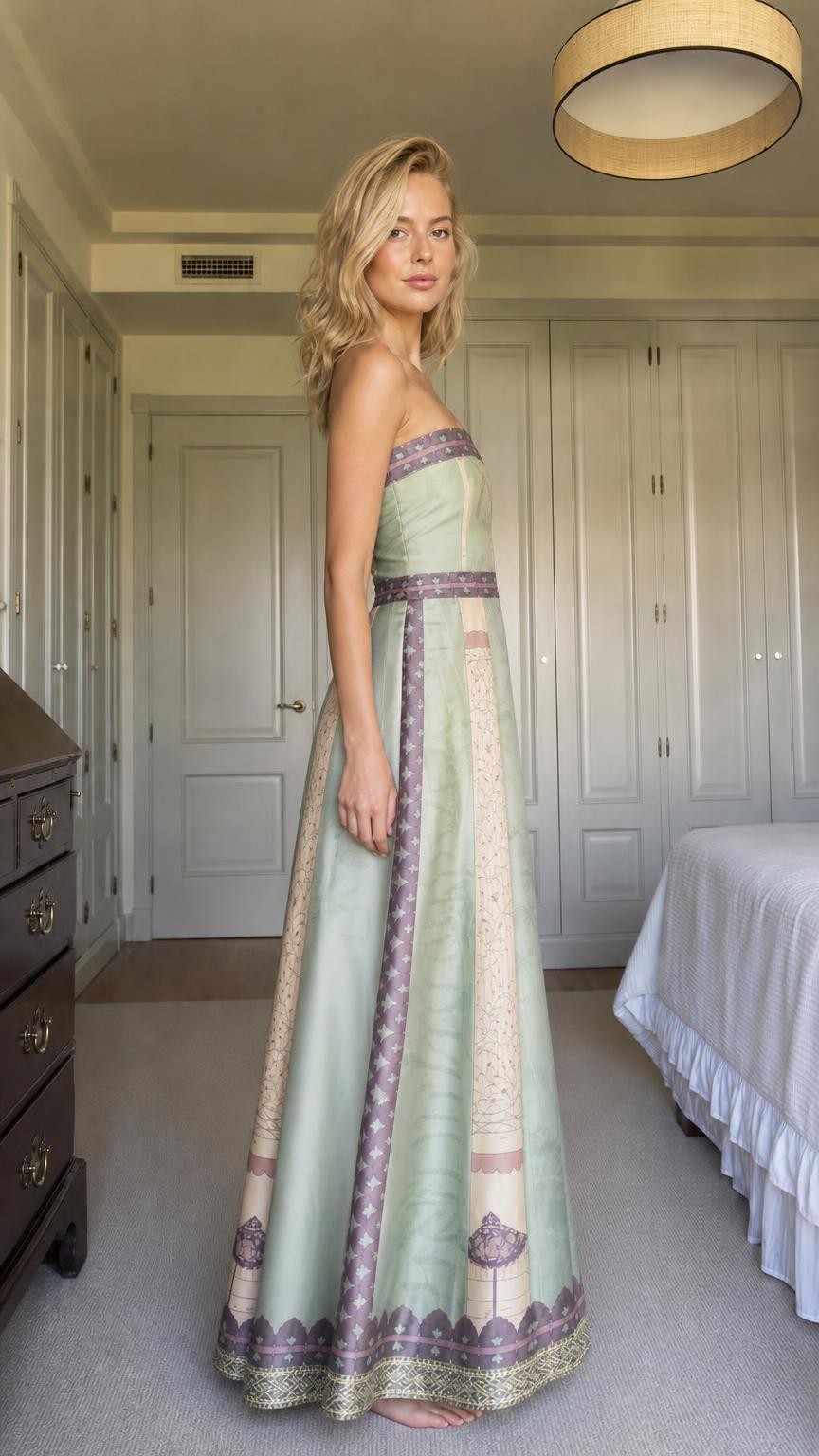 Side profile view of model in sage green strapless maxi dress