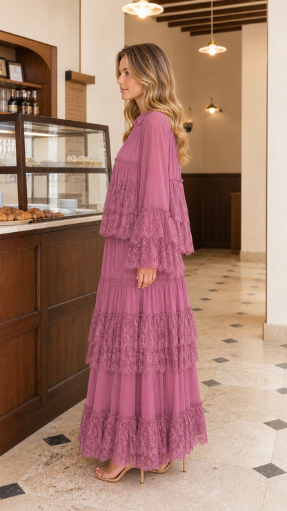 Side view of model wearing mauve tiered lace maxi dress