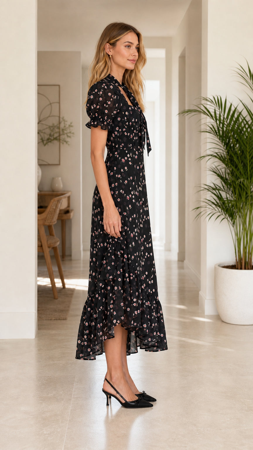 Side profile view of woman wearing black floral puff sleeve midi dress with ruffle hem
