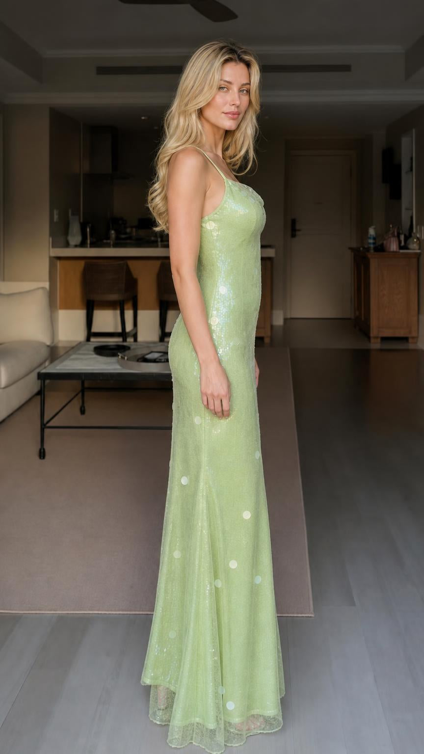Side profile view of sage green sequin maxi dress