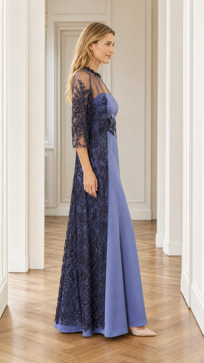Side view of blue maxi dress with sheer overlay