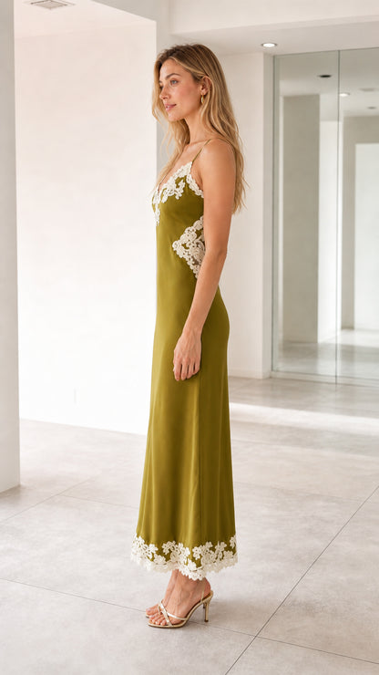 Olive satin slip dress side profile