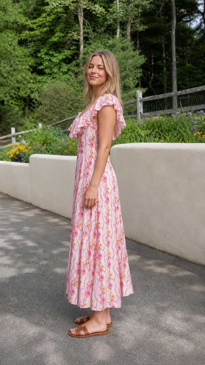 Side profile view of pink floral midi dress