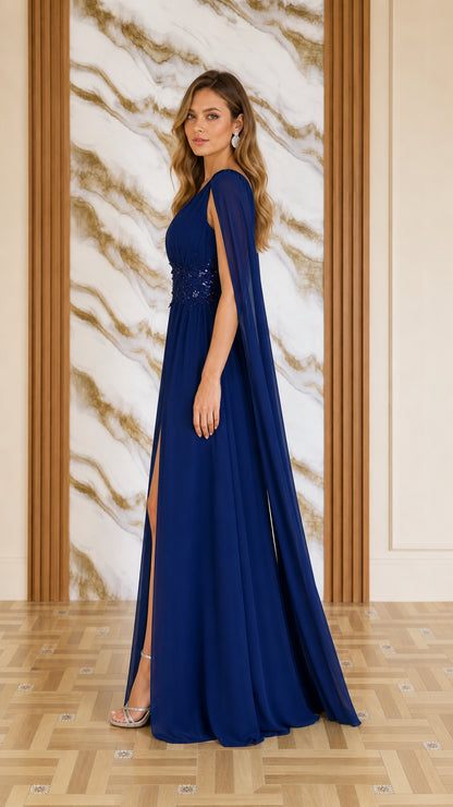 Side profile view of navy blue chiffon gown with high slit