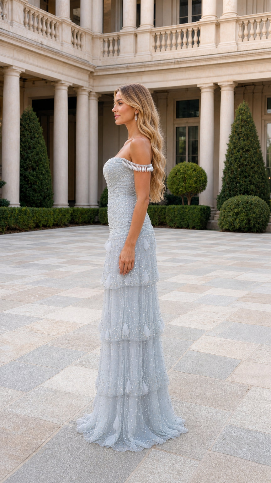Side profile of light blue evening dress