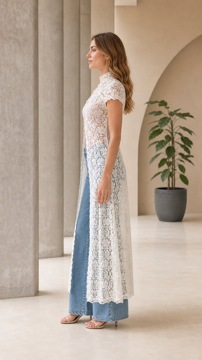 Side profile view of white lace duster cardigan