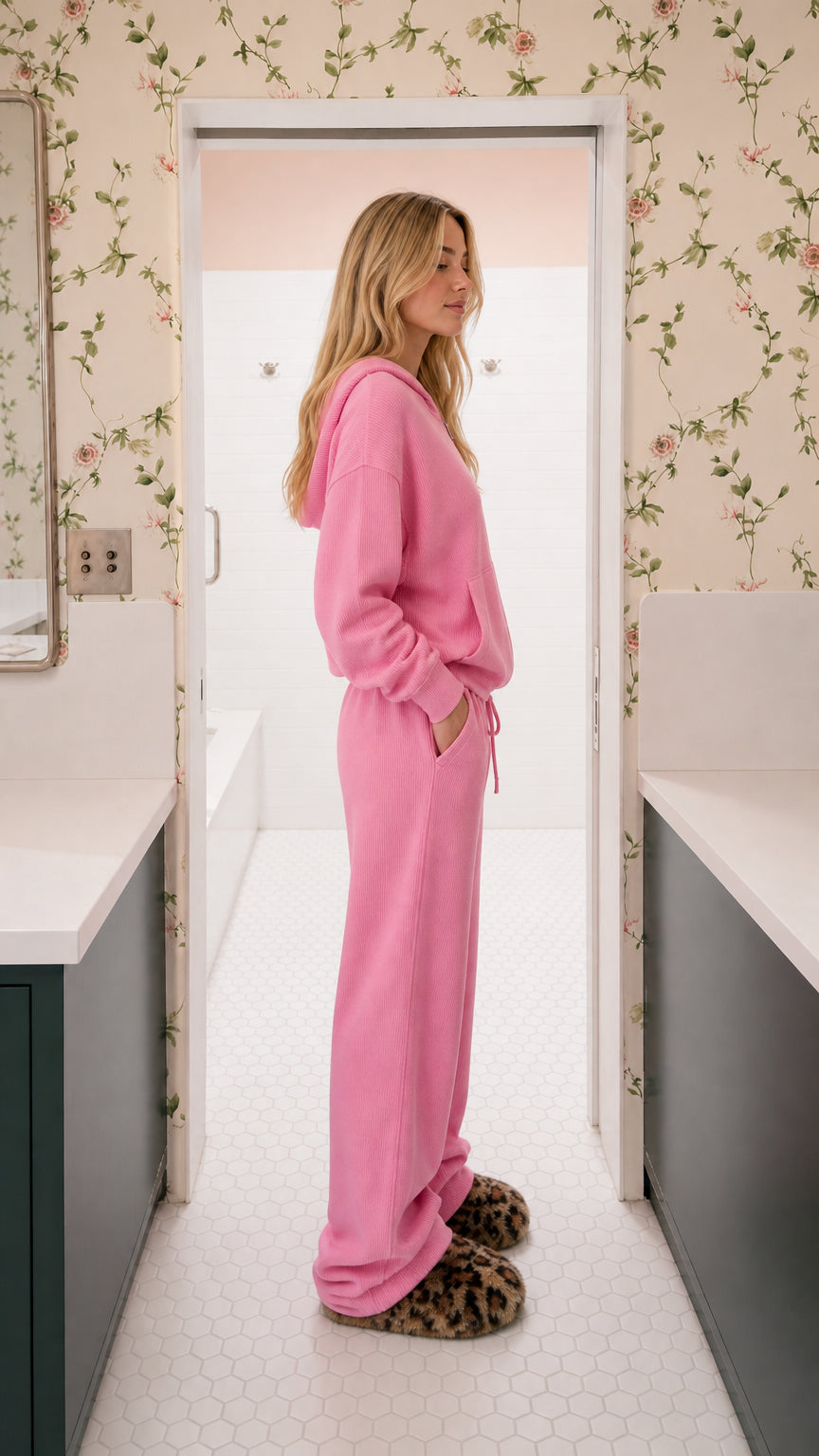 Side profile of model wearing pink relaxed fit two-piece hoodie and sweatpants set