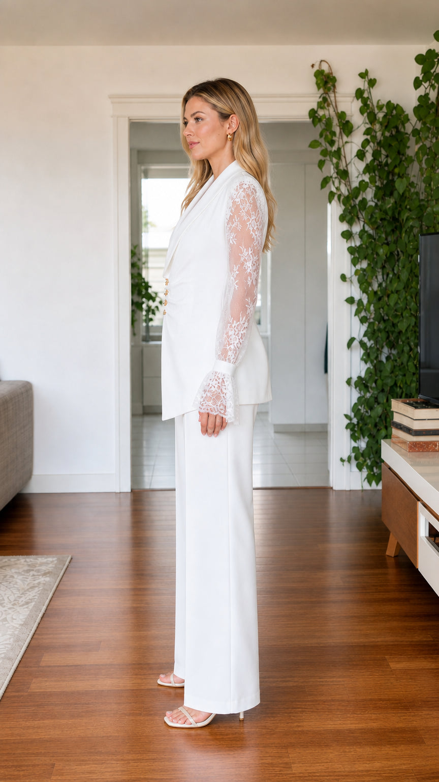 Side view of model wearing white tailored pantsuit with sheer lace sleeves