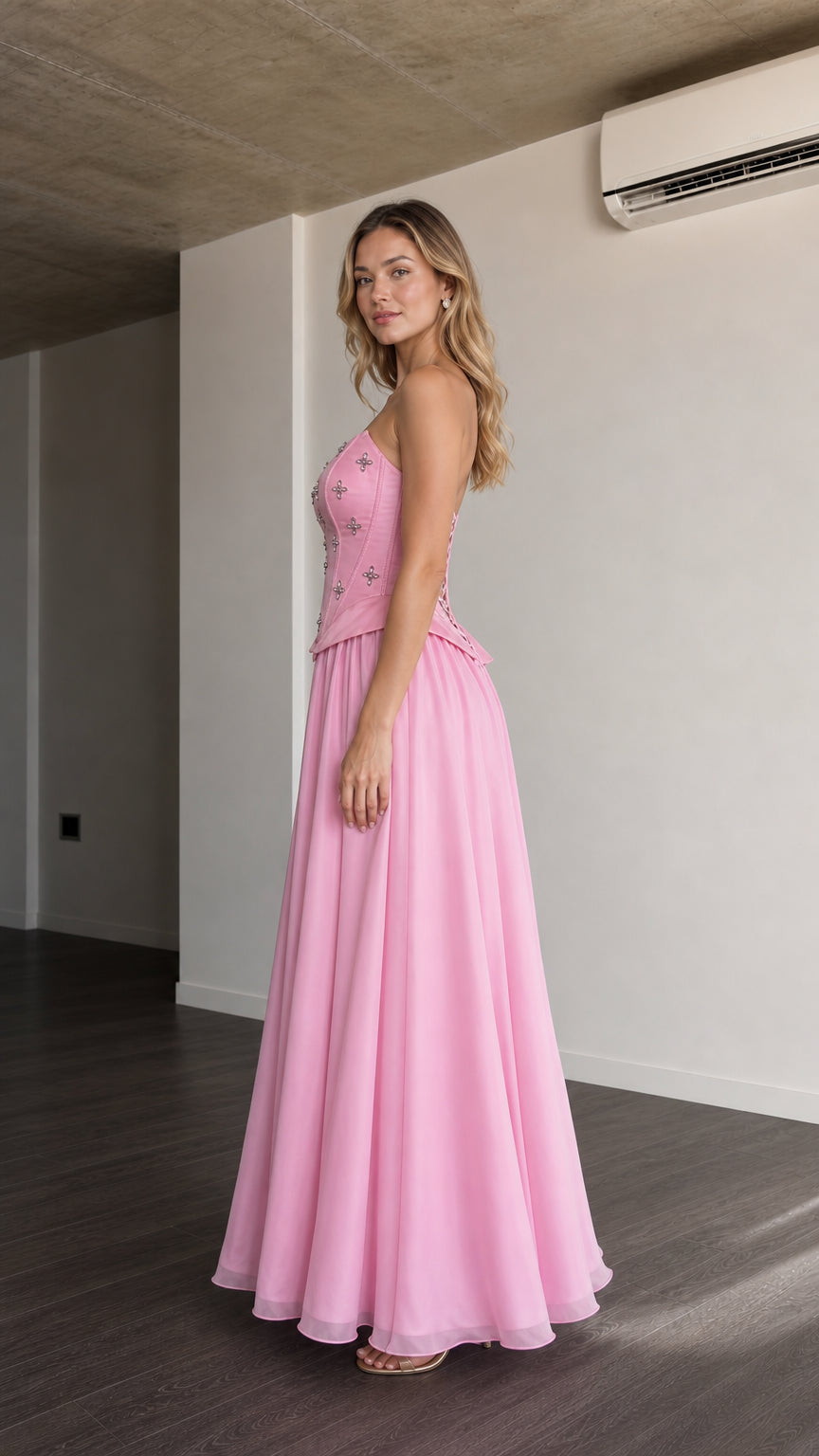 Side view of pink formal gown