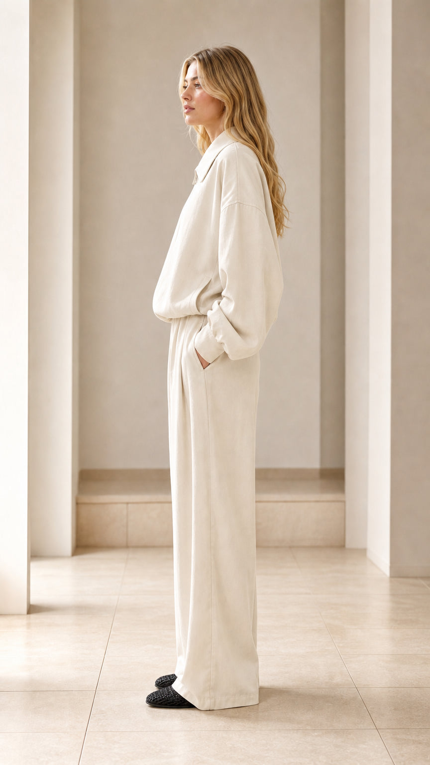 Side view of woman in cream matching jacket and wide-leg trouser set
