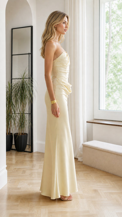 Side profile of champagne satin evening dress