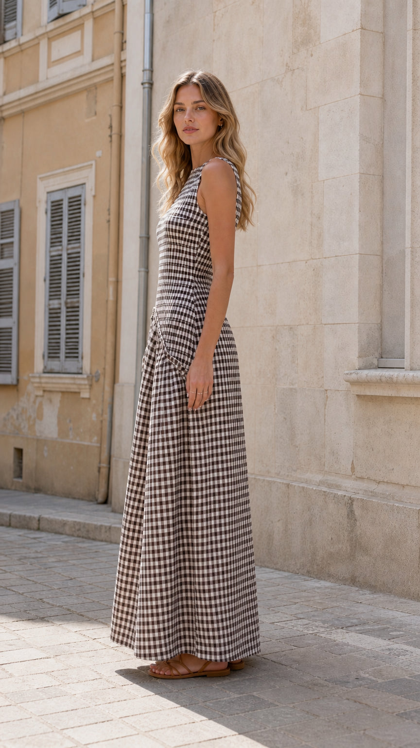 Model in brown gingham maxi dress, side profile