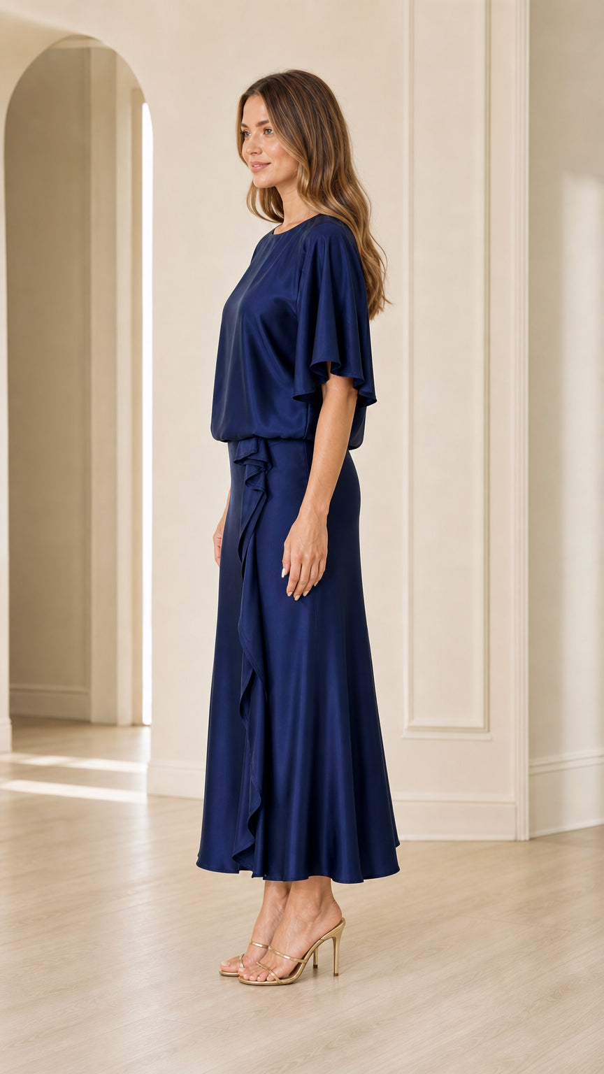 Side profile of woman in navy blue flutter sleeve satin evening maxi dress