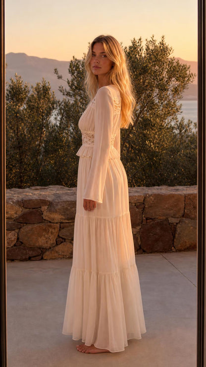 Side profile of Ivory boho lace trim maxi dress