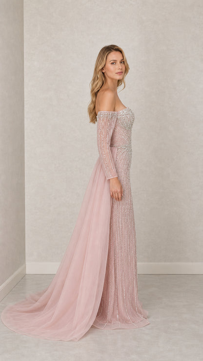 Side profile of dusty pink beaded evening dress