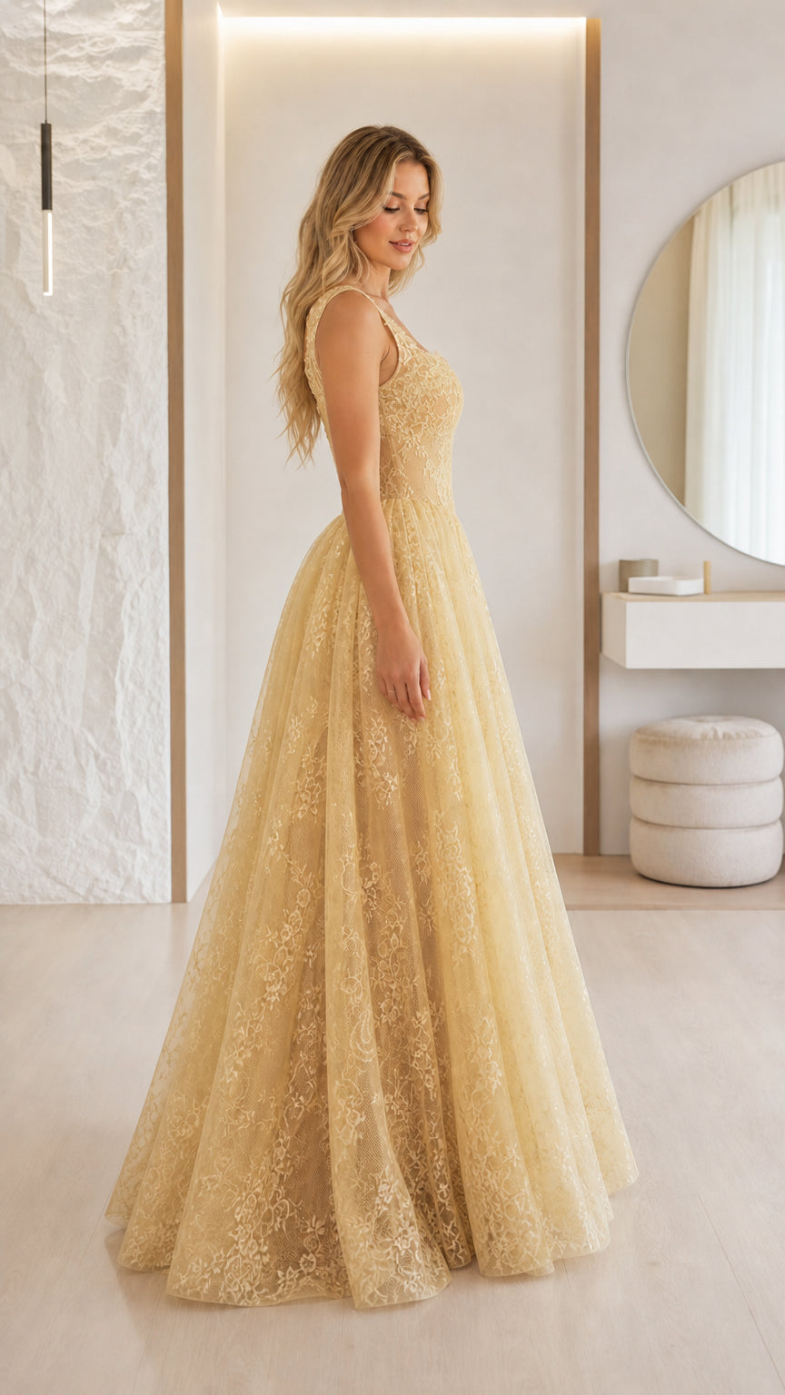 Side profile view of champagne formal ball gown