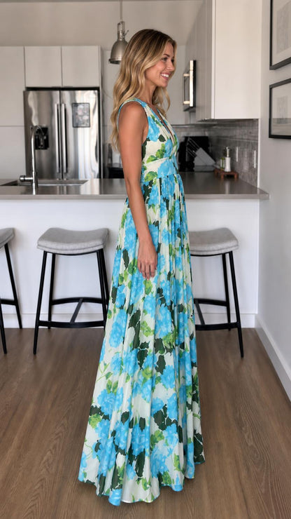 Side view of White/Blue floral maxi dress