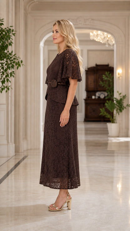 Side profile of brown lace maxi dress