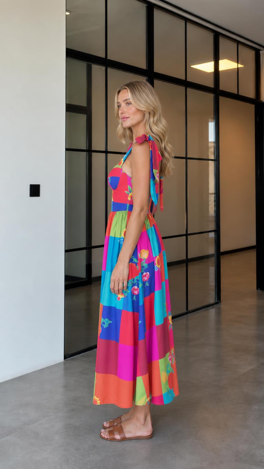 Side view of vibrant patchwork midi dress
