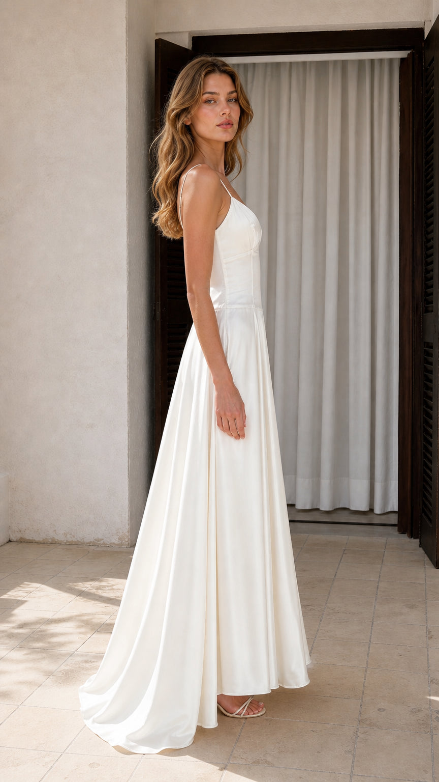 Side profile view of Ivory satin corset-bodice floor-length formal dress
