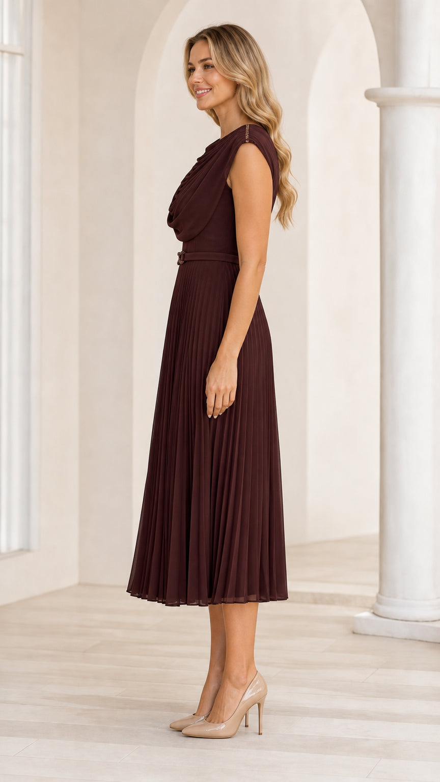Side view of burgundy cowl neck pleated midi dress