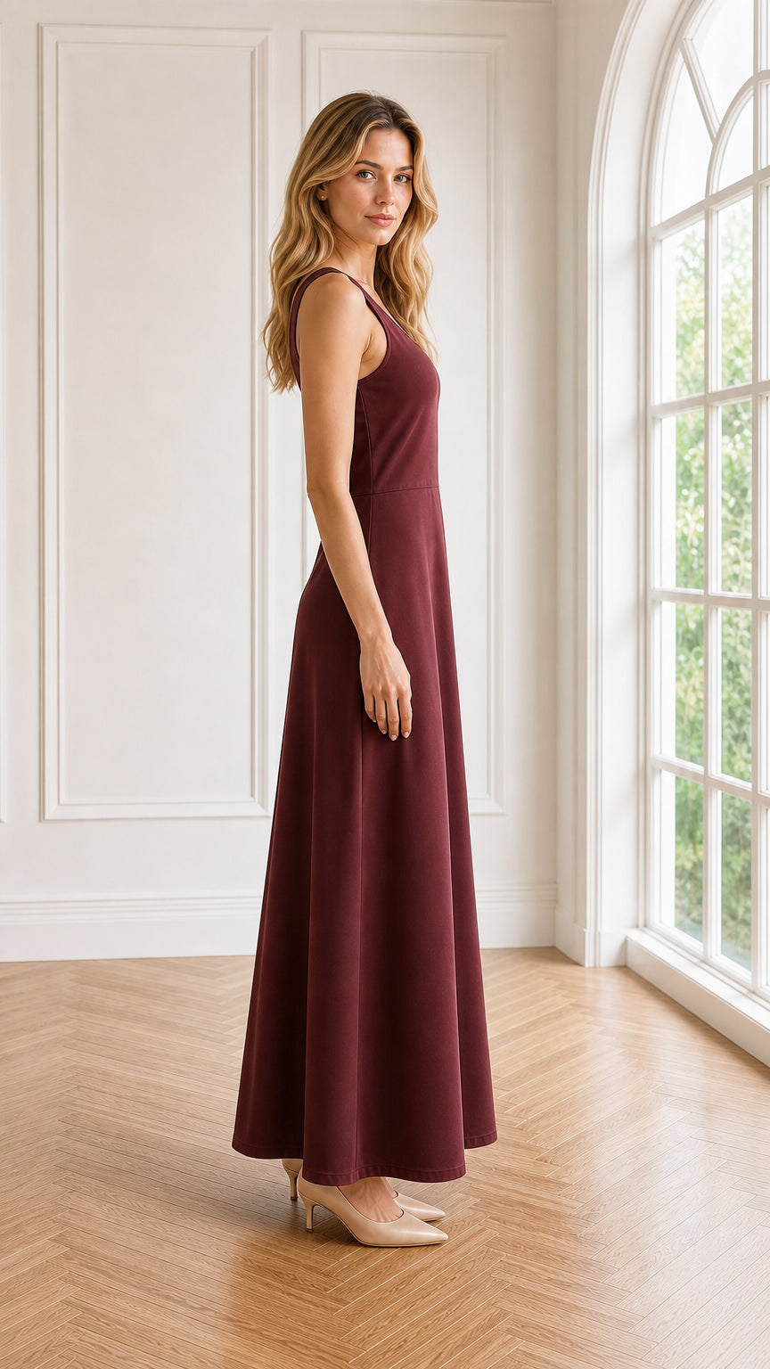 Side profile view of model wearing burgundy sleeveless A-line maxi dress