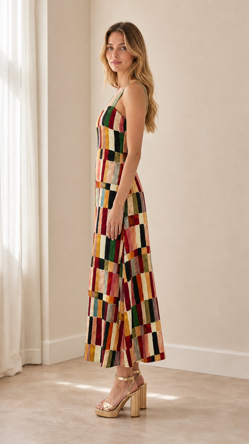 Side profile view of woman wearing multi-color geometric patchwork maxi dress with gold heels