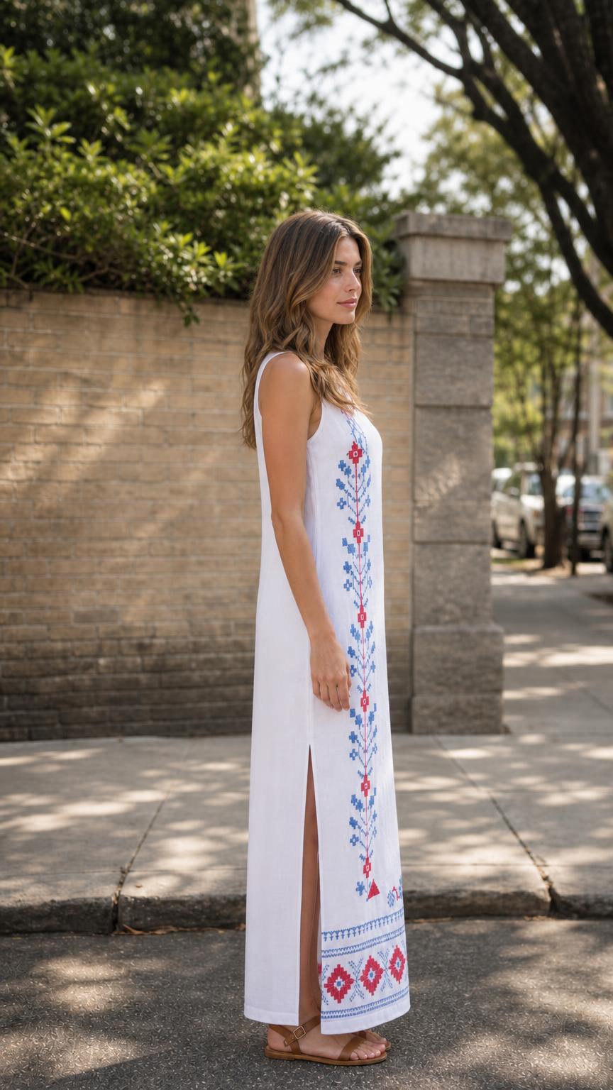 Side profile view of woman in white embroidered maxi dress showing side slit