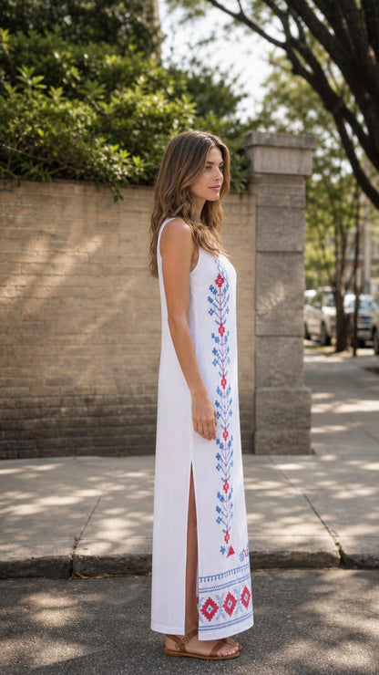 Side profile view of woman in white embroidered maxi dress showing side slit