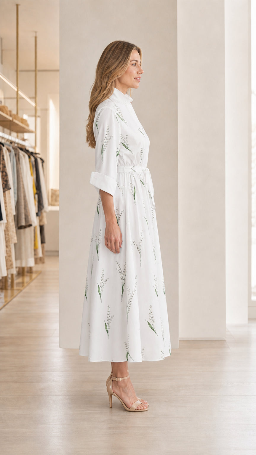 Side profile of model in white floral midi shirt dress