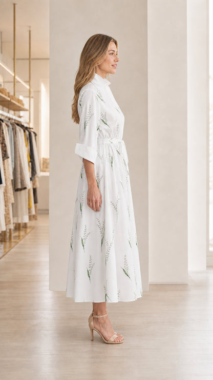 Side profile of model in white floral midi shirt dress