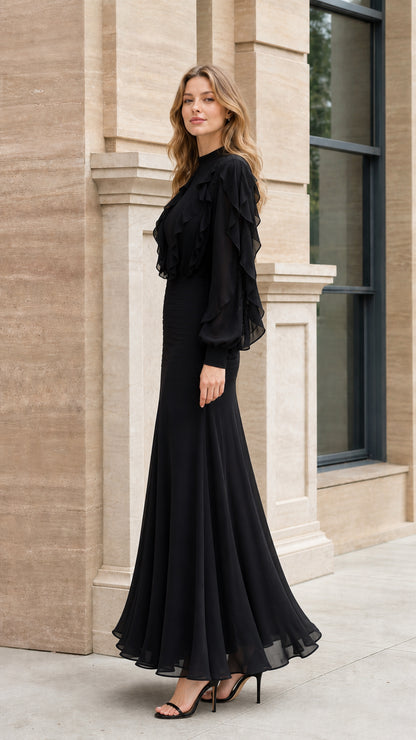 Side profile view of model in black evening gown