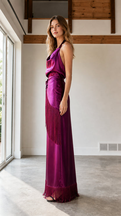 Side view of magenta satin dress showing silhouette