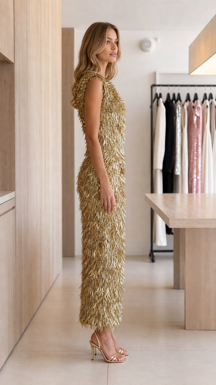 Model wearing gold sleeveless fringe sequin maxi dress side view